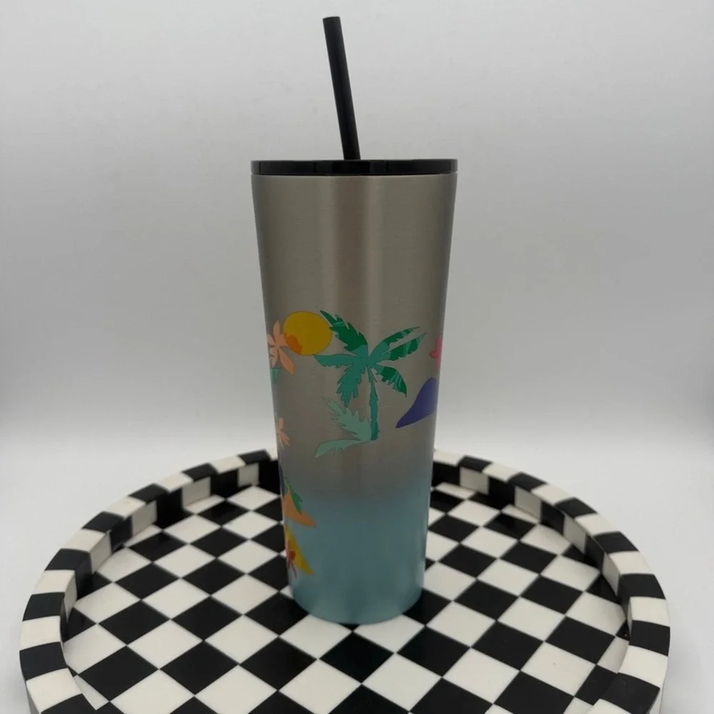 Starbucks Tumbler Unisex 24oz Silver Blue Excellent Tropical Island‎ Palm Tree